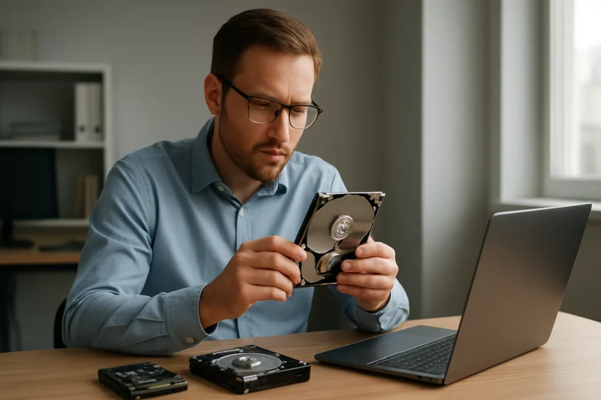 Férfi mágneses adattárolót vizsgál, laptop előtt ülve.