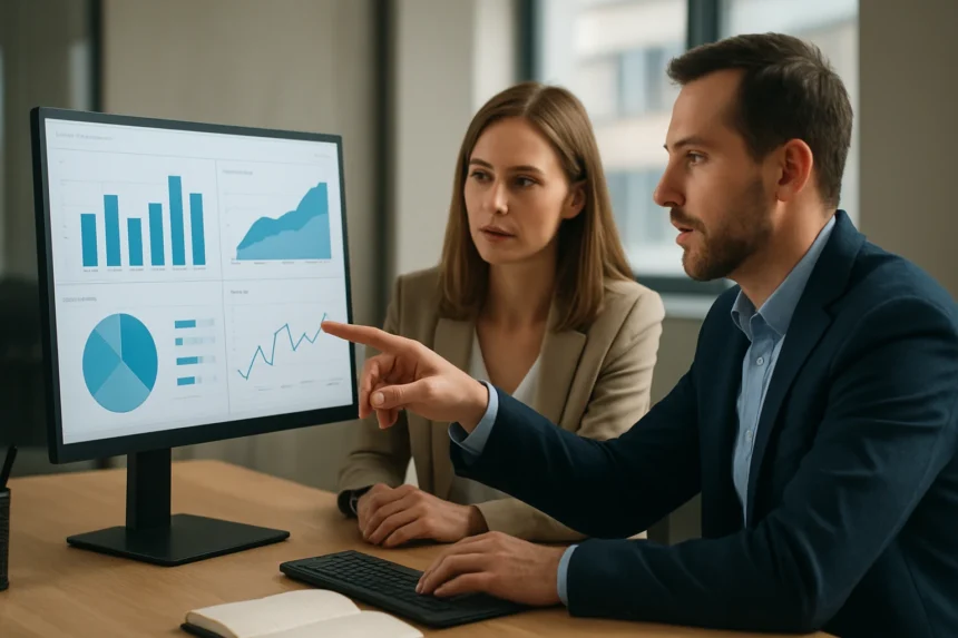 Két üzleti szakember Amazon QuickSight dashboardot elemez.