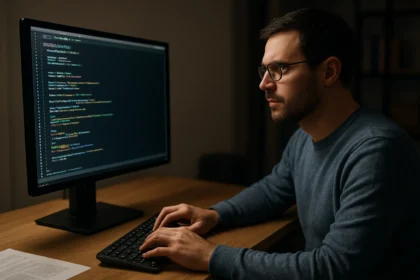 Programozó munka közben számítógépes utasításokkal