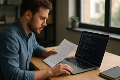 Programozó táblázatokat és kódot néz egy laptopon.