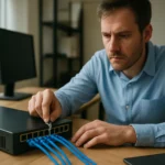 Férfi Ethernet kábelek csatlakoztatása hálózati switchhez