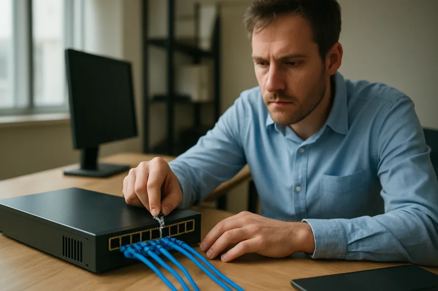 Férfi Ethernet kábelek csatlakoztatása hálózati switchhez