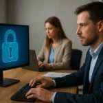 IT szakemberek dolgoznak biztonságos számítástechnikán.