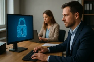 IT szakemberek dolgoznak biztonságos számítástechnikán.