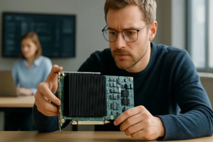 Férfi AI gyorsító hardvereszközt vizsgál egy irodai környezetben.