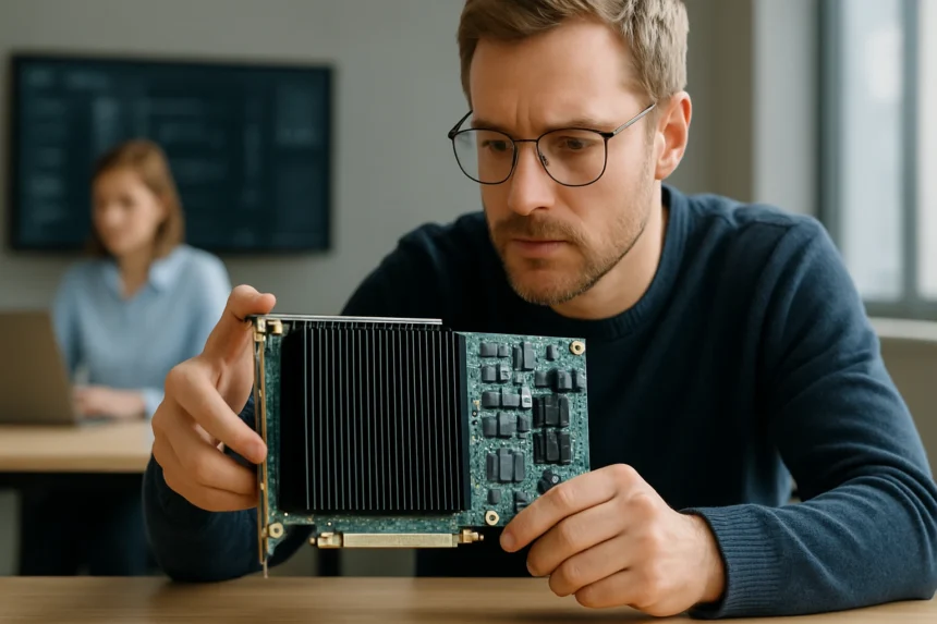 Férfi AI gyorsító hardvereszközt vizsgál egy irodai környezetben.