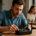 Férfi Wi-Fi routert állít be, nő laptopon dolgozik.