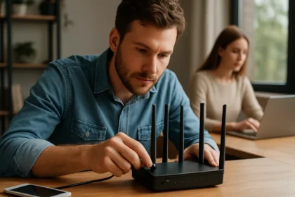 Férfi Wi-Fi routert állít be, nő laptopon dolgozik.