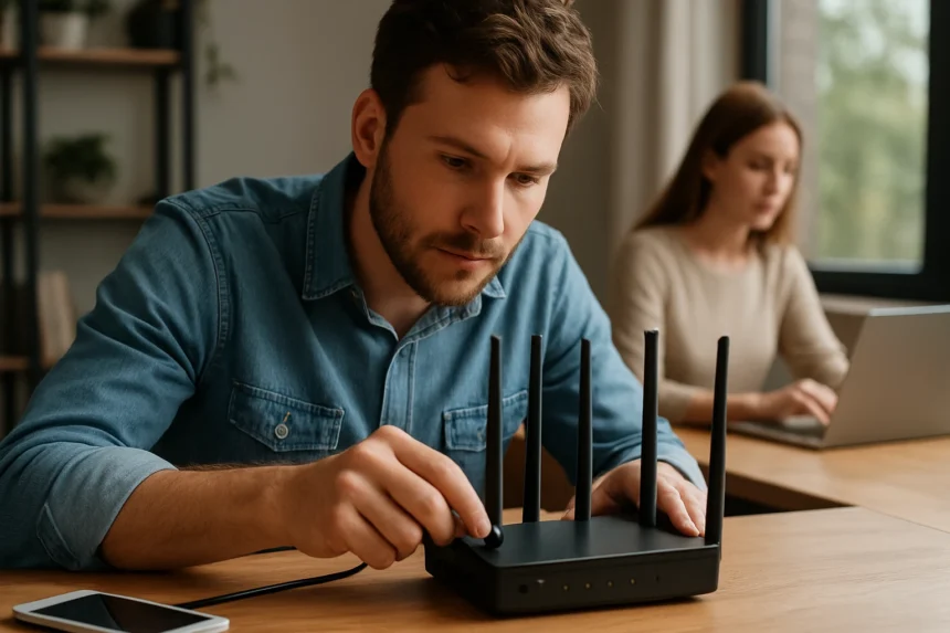 Férfi Wi-Fi routert állít be, nő laptopon dolgozik.