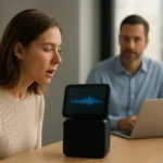 Nő hangalapú felhasználói felületen beszél egy intelligens eszközre.