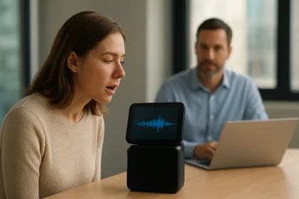 Nő hangalapú felhasználói felületen beszél egy intelligens eszközre.
