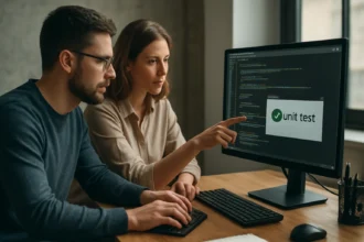 Két programozó egységtesztelési folyamatot ellenőriz a számítógépen.