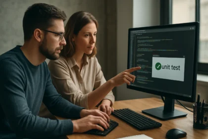 Két programozó egységtesztelési folyamatot ellenőriz a számítógépen.