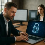 Férfi laptopon biztonsági zárral, identitáskezelés és kiberbiztonság.