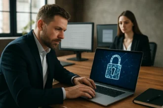 Férfi laptopon biztonsági zárral, identitáskezelés és kiberbiztonság.