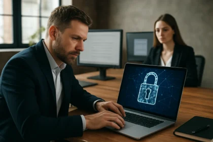 Férfi laptopon biztonsági zárral, identitáskezelés és kiberbiztonság.