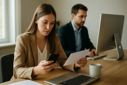 Nő közvetlen marketing kampány elemzésén dolgozik telefonon és laptopon.