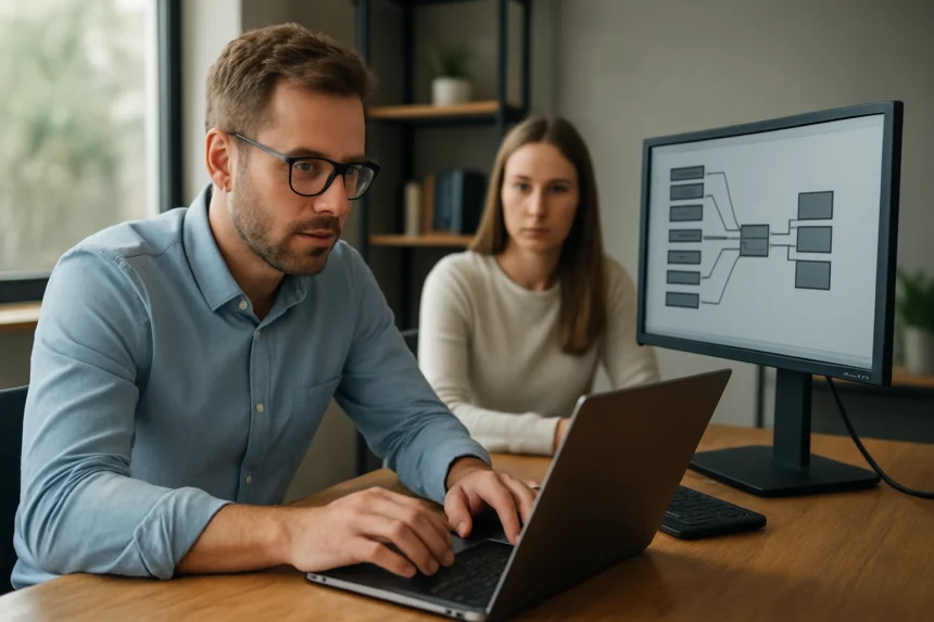 Férfi és nő számítógépnél, hálózati optimalizálásról beszélgetnek.