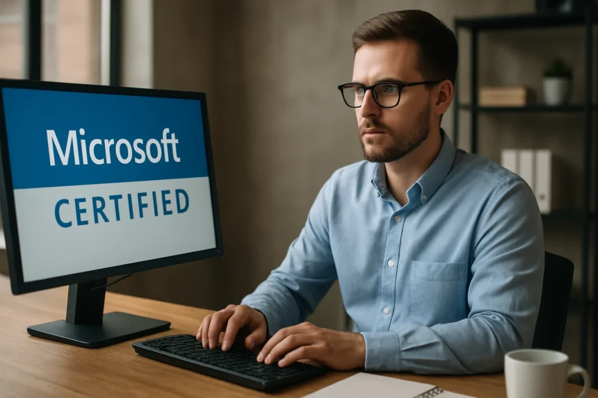 Férfi dolgozik a számítógépen, Microsoft Certified képzésen.