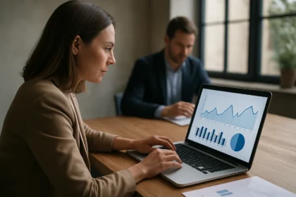 A nő számítógépen clickstream adatok elemzését végzi egy irodai környezetben.