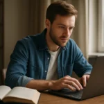 Fiatal férfi laptopon dolgozik, könyvvel az asztalon.