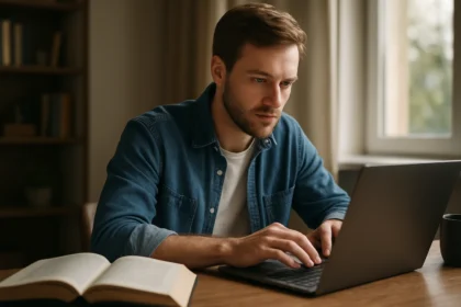 Fiatal férfi laptopon dolgozik, könyvvel az asztalon.