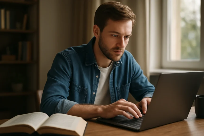 Fiatal férfi laptopon dolgozik, könyvvel az asztalon.