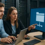 Két szakember a Windows fájlmegosztásról és FSW-ről beszélget egy számítógép előtt.