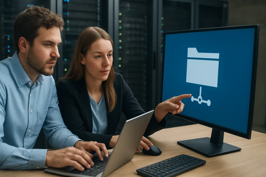 Két szakember a Windows fájlmegosztásról és FSW-ről beszélget egy számítógép előtt.