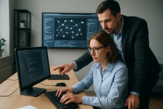 IT rendszermenedzsment: szakemberek munka közben számítógépen