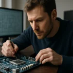 Szakember ARM processzor javítása egy alaplapon, technológiai környezetben.