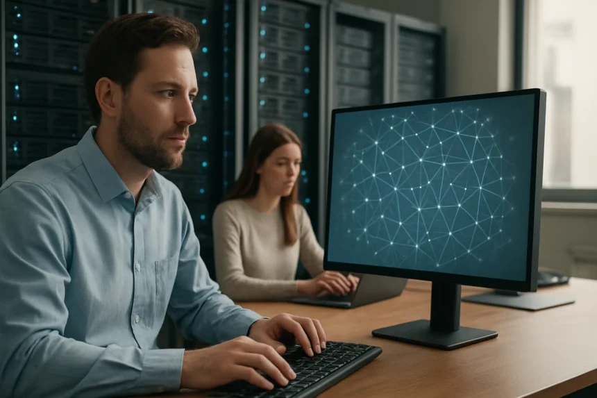 Két szakember dolgozik a megosztott számítási kapacitás terén.