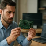 Férfi vezérlőkártyát vizsgál, informatikai környezetben.