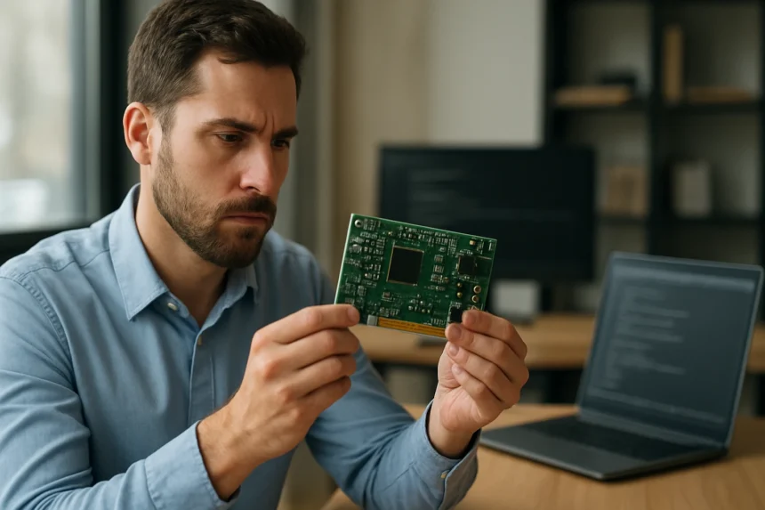 Férfi vezérlőkártyát vizsgál, informatikai környezetben.