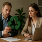 Üzleti megbeszélés a környezettudatosságról és az ISO 14001 szabványról.