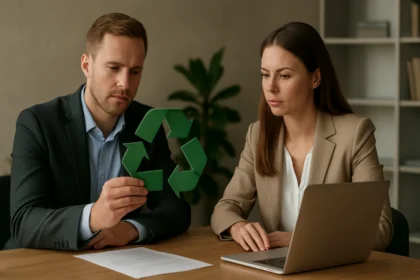 Üzleti megbeszélés a környezettudatosságról és az ISO 14001 szabványról.