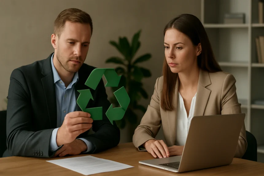 Üzleti megbeszélés a környezettudatosságról és az ISO 14001 szabványról.