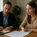 Két kutató adatelemzés közben, jegyzetelnek és laptopot használnak.