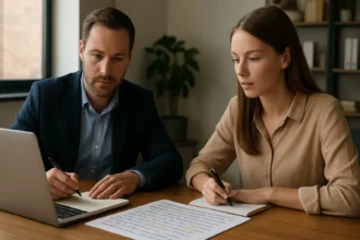 Két kutató adatelemzés közben, jegyzetelnek és laptopot használnak.