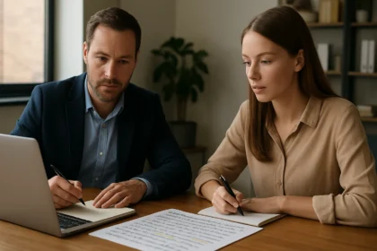 Két kutató adatelemzés közben, jegyzetelnek és laptopot használnak.