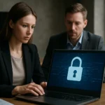 Két szakember, akik biztonsági megoldásokat vizsgálnak egy laptopon.