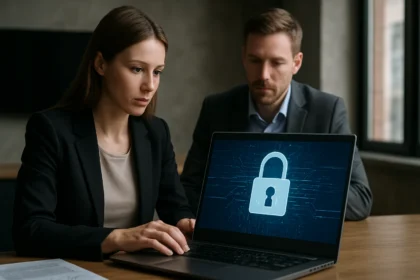 Két szakember, akik biztonsági megoldásokat vizsgálnak egy laptopon.