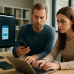 Két fejlesztő mobil alkalmazás fejlesztésén dolgozik az irodában.