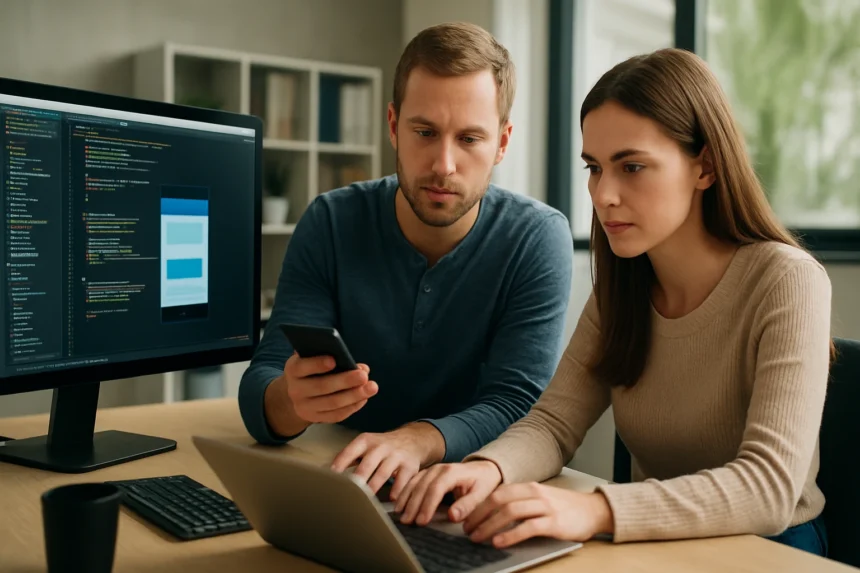 Két fejlesztő mobil alkalmazás fejlesztésén dolgozik az irodában.