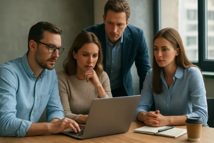 Négy IT szakember közösen dolgozik egy laptopon, projektmegbeszélés során.