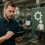 Mérnök a karbantartási hivatalos feljegyzések készítése közben