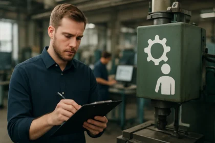 Mérnök a karbantartási hivatalos feljegyzések készítése közben