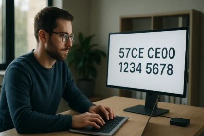 Férfi számítógéppel dolgozik, látható a WWN azonosító a képernyőn.