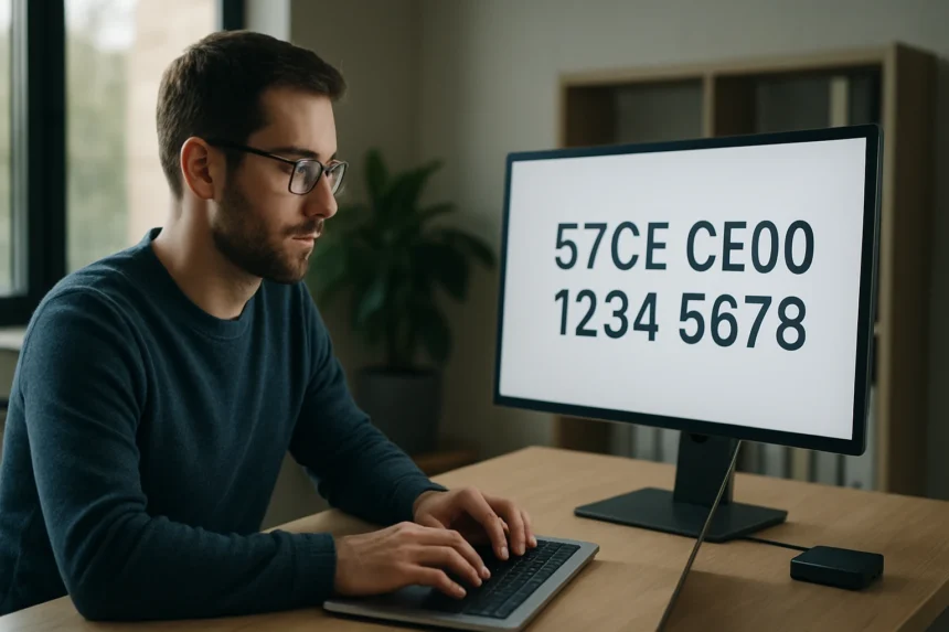 Férfi számítógéppel dolgozik, látható a WWN azonosító a képernyőn.