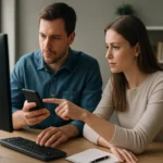 Két ember informatikai eszköz használata közben, együttműködve.